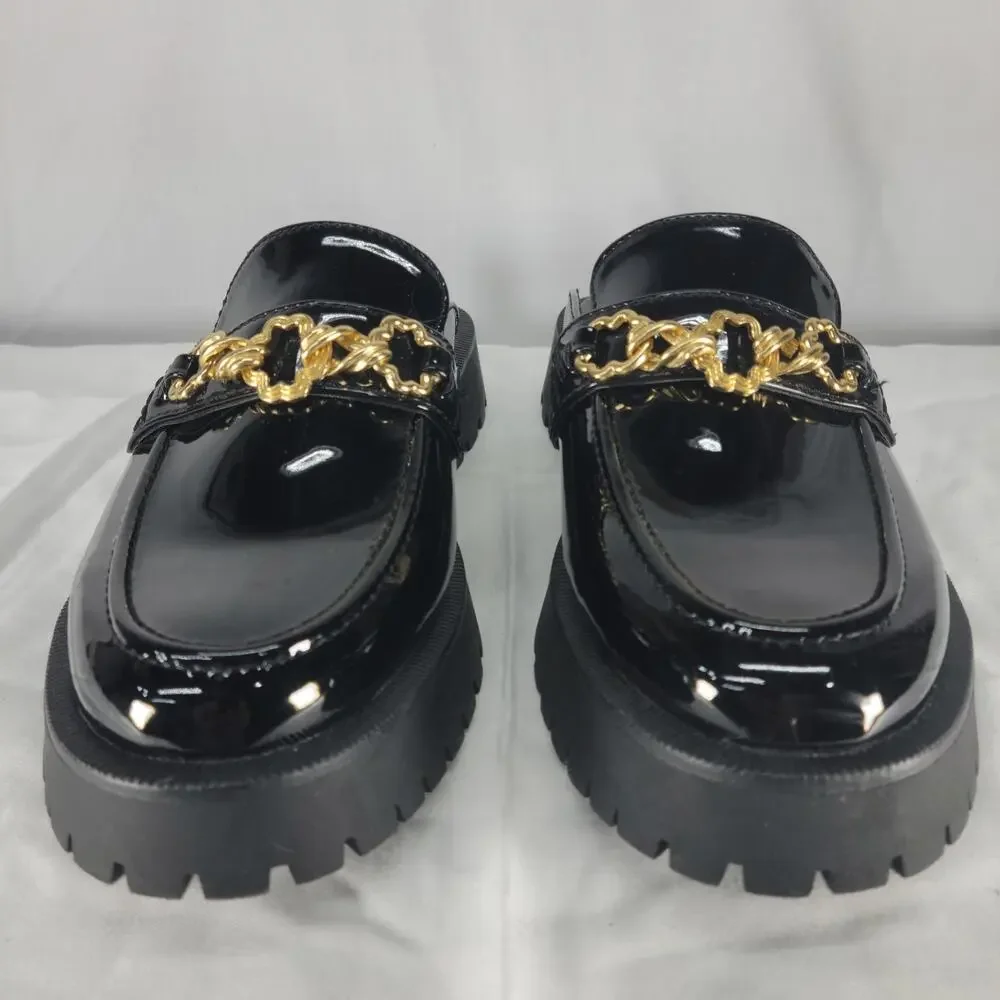 Sam & Libby Womens Chain Loafers Size 9 Black Patent Lug Sole Slip On Shoes